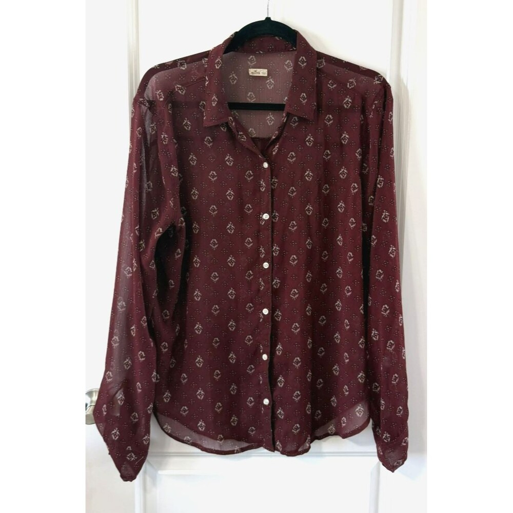 Hollister Maroon Sheer Collared Woven Button-Up Long Sleeve Shirt L fall autumn